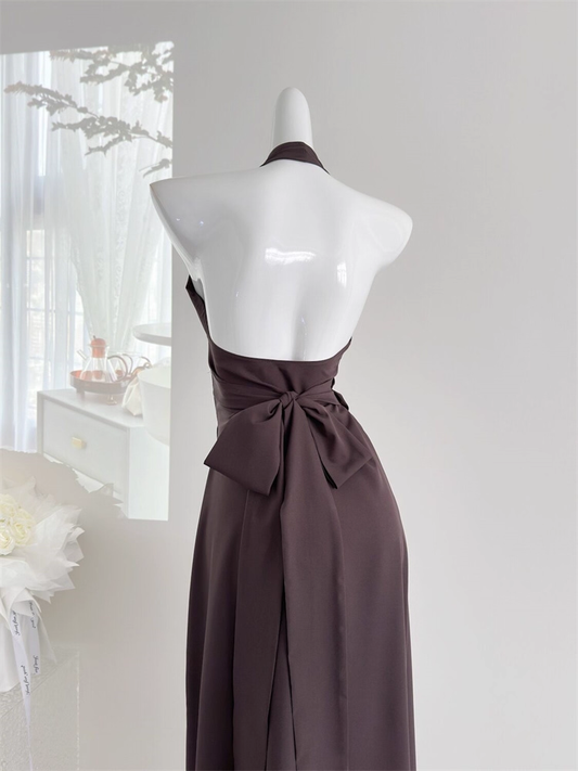 Retro Coffee Color V-neck Halter Dress New Style Waist Slimming Slit Backless Long Holiday Dress YM2321