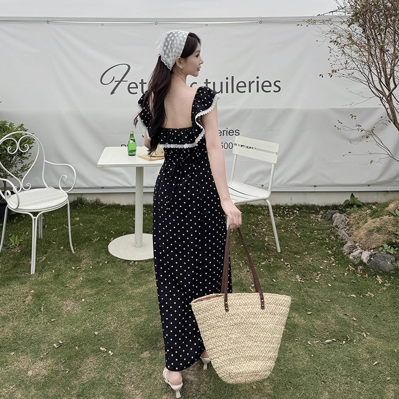 Cute Black Lace Polka Dot Square Neck Long Vacation Dress Holiday Dress YM2249