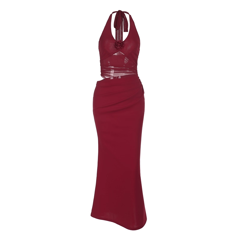 Red Halter Birthday Dress Sexy V Neck Sheath Long Vacation Dress YM2262