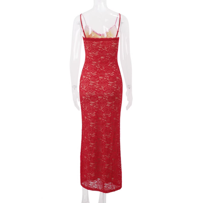 Pretty Straps Red V Neck Lace Vacation Dress Long Party Dress YM2199