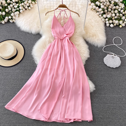 Pink V Neck Backless Summer Dress ,YM216