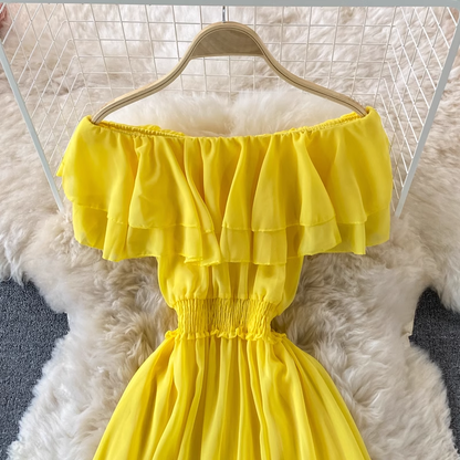 Off-the-shoulder one-shoulder ruffled chiffon dress , YM197