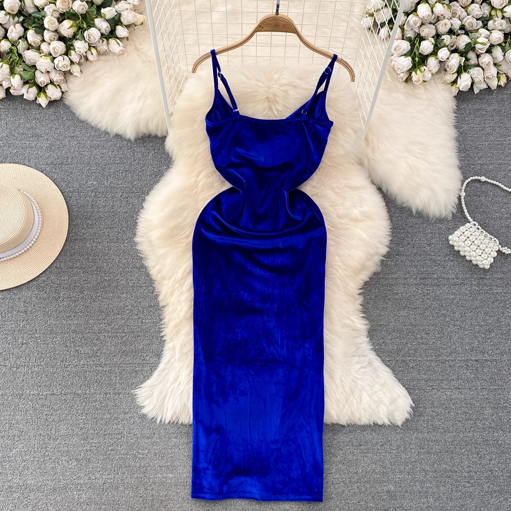 Royal Blue Spaghetti Straps Velvet Holiday Dress YM291