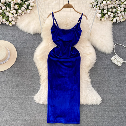 Royal Blue Spaghetti Straps Velvet Holiday Dress YM291