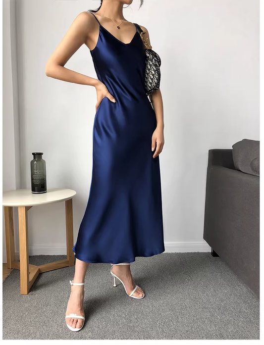 Fashion Spaghetti Straps V Neck Navy Blue Satin Mermaid Long Birthday Party Dress YM2432