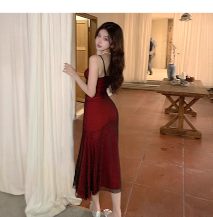 Vintage Sexy Red Sheath Prom Dress,Spaghetti Straps Birthday Party Dress YM2021