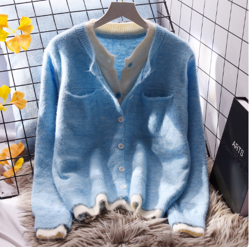 Blue Round Neck Fake Two-piece Soft And Stylish Sweater Cardigan YM2354