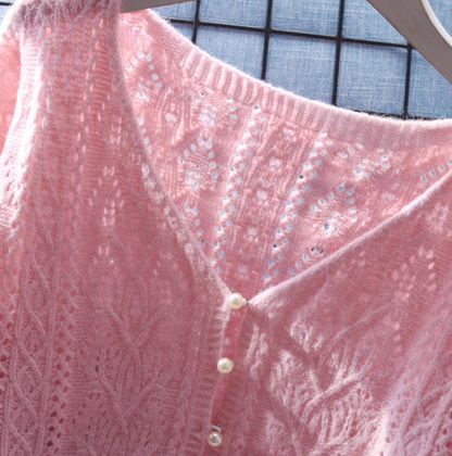 Sweet Japanese Style Knitted Sweater,Short V-neck Hollow Sweater Jacket For Women YM2344