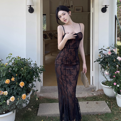 Sexy Black Lace Suspender Holiday Dress Sheath Mermaid Long Birthday Dress YM2258