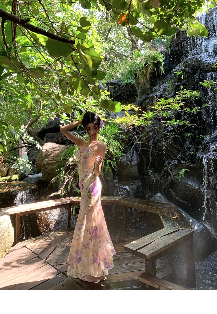 Classy Straps Print Floral Mermaid Prom Dress Long Party Dress YM1989