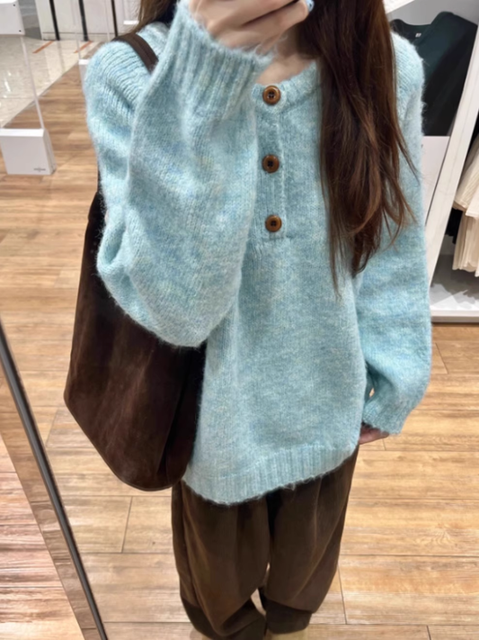 Blue Pullover Soft And Cozy Sweater, Thick And Warm Loose Knitwear YM2406