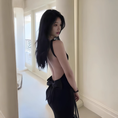 Sexy Black Bow Backless Spaghetti Straps Long  Birthday Dress Holiday Dress YM2223