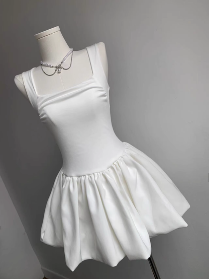 Sexy Sleeveless White Square Neck A Line Mini Party Dress Vacation Dress YM2123