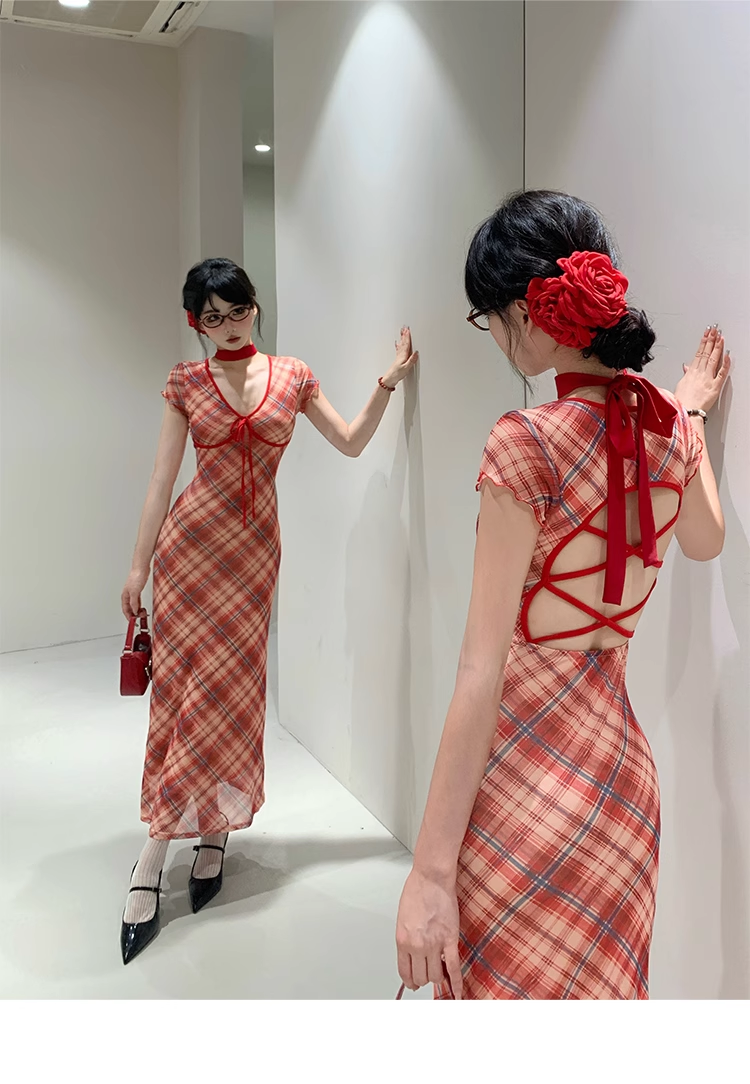 Red Sheath Plaid Hottie Dress,Sexy Backless Long Party Birthday Dress YM1994
