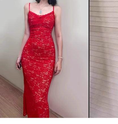 Pretty Straps Red V Neck Lace Vacation Dress Long Party Dress YM2199