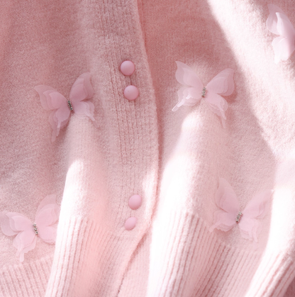 Pink Butterfly Sweater Jacket Sweet Long Sleeve Knitted Cardigan YM2376