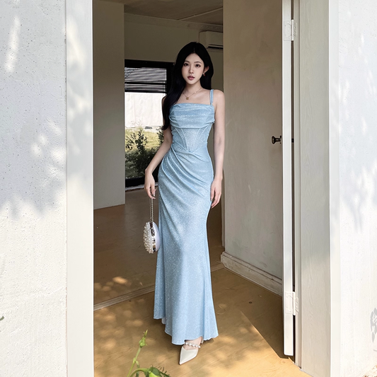 Charming Blue Spaghetti Straps Mermaid Birthday Party Dress Long Holiday Dress YM2239