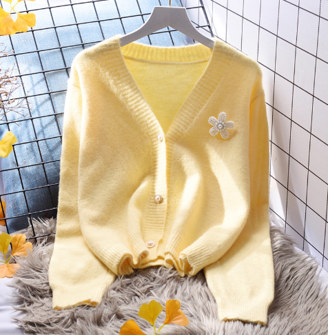 Yellow Small Fresh Short Sweater Jacket Spring Korean Style Outerwear Knitted Cardigan YM2366