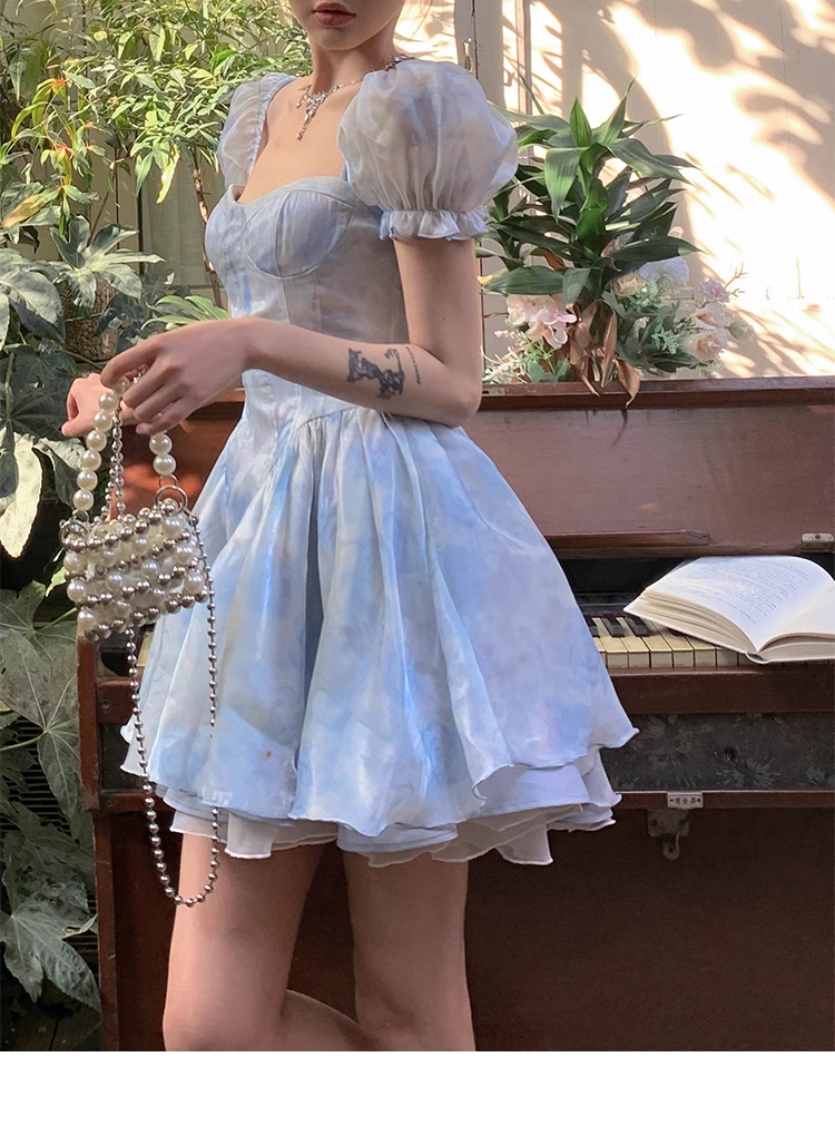 Blue Short Sleeves Spaghetti Straps Birthday Party Dress YM1972