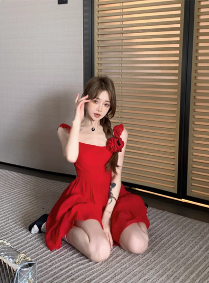 Red Sexy Backless Square Neck Straps Short Birthday Party Dress A Line Vacation Dress YM2131