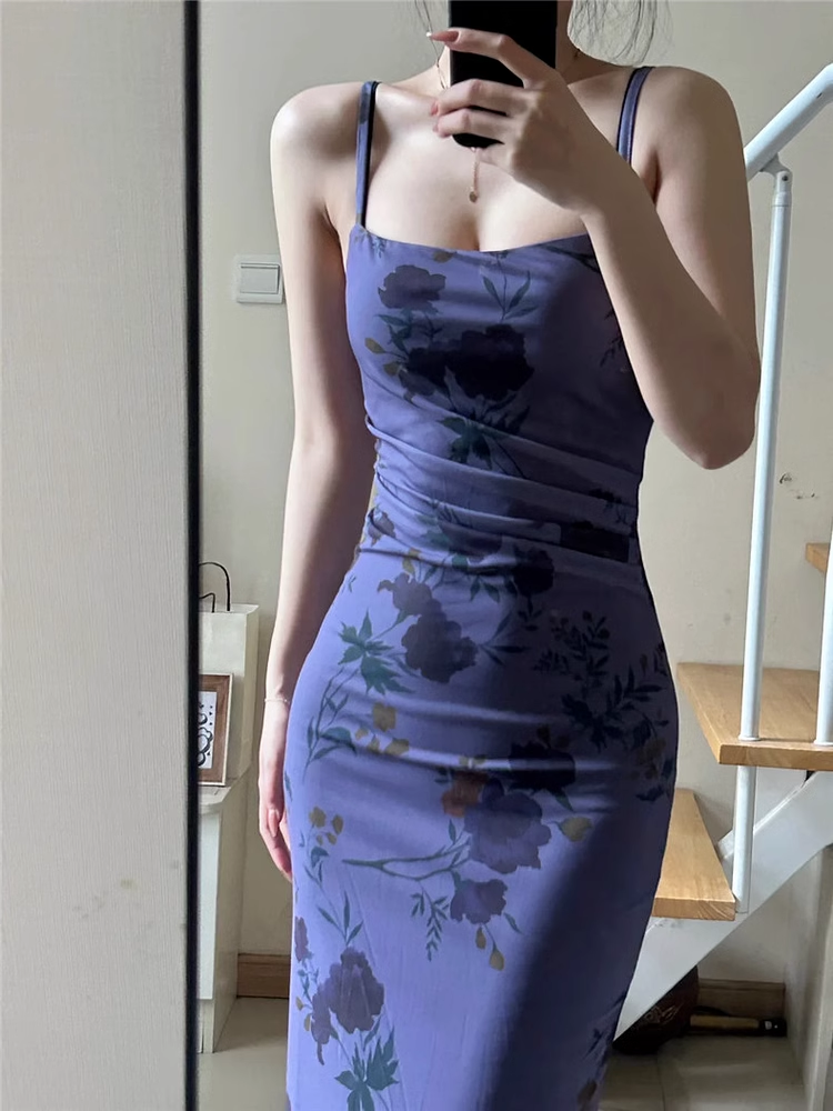 Purple floral suspender dress summer YM1161