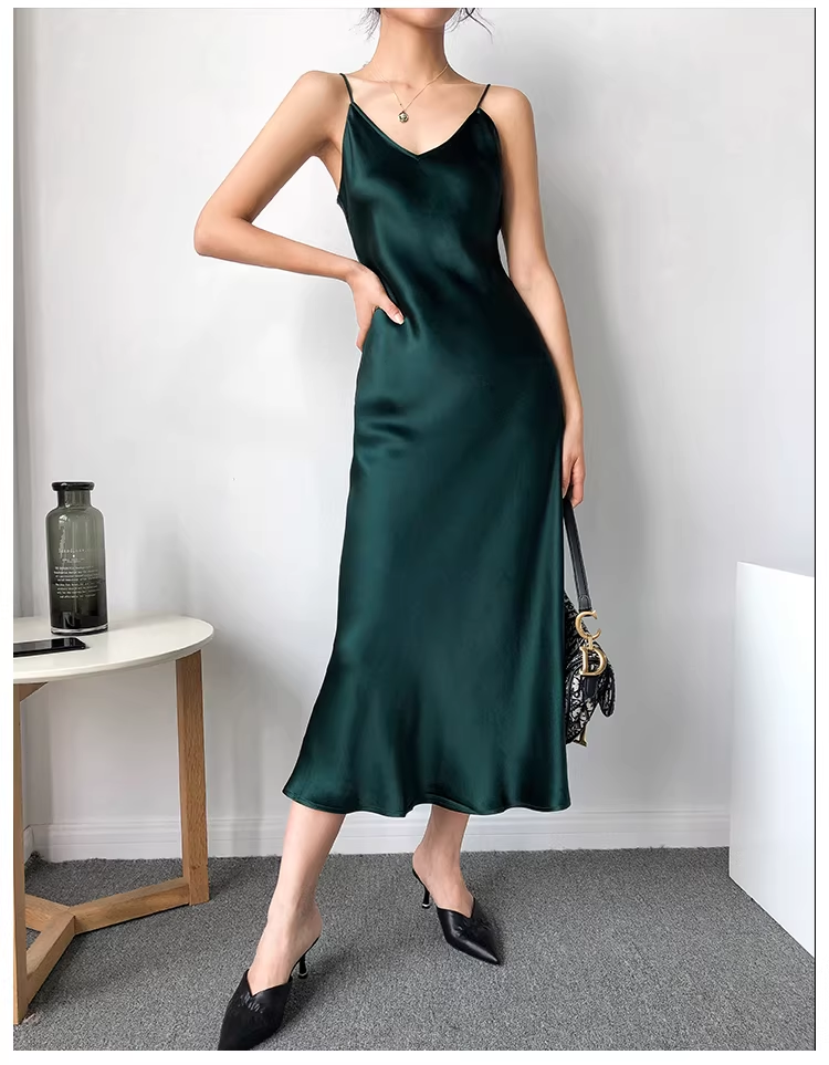 Classy Spaghetti Straps Dark Dreen Satin Mermaid Long Birthday Party Dress Holiday Dress YM2431