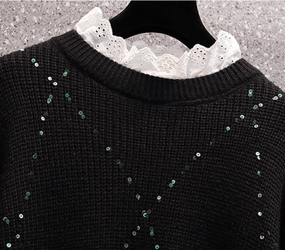 Black Lace Splicing Sweater Fashionable Fake Two-piece Loose Sweater YM2292