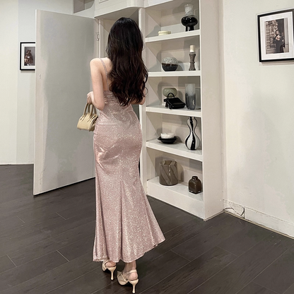 Sparkly Straps Sheath Mermaid Long Birthday Dress Pink Holiday Dress Vacation Dress YM2268