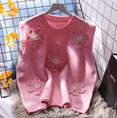 Flower Round Neck Knitted Women's Vest Autumn New Sweet Sweater Vest YM2348