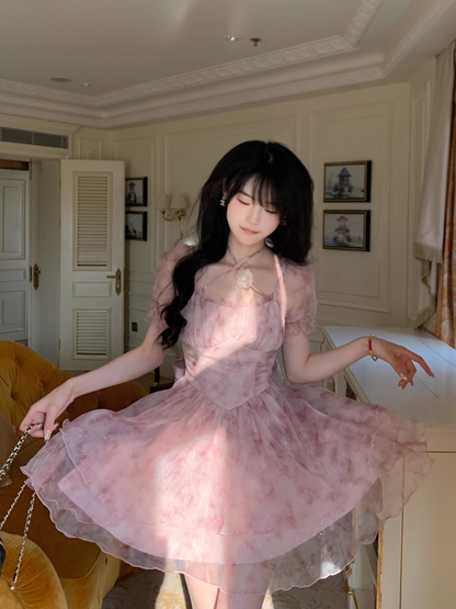 Sweet Pink Princess Organza Splicing Tie Waist Printed Puffy Prom Dress Birthday Party Dress YM2046