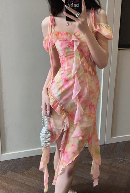 Pretty Spaghetti Straps Chiffon Print Floral Ruffle Party Dress Beach Dress YM2017