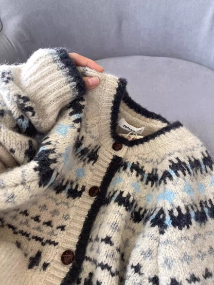 Retro Jacquard Round Neck Knit Cardigan Sweater Coat YM2401