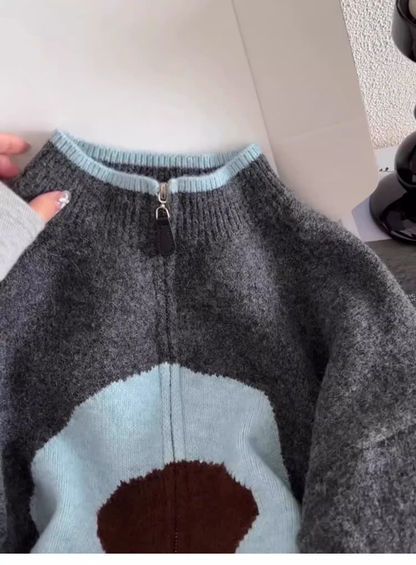 Gray High-end Contrast Color Zipper Knitted Cardigan Soft Waxy Sweater Jacket YM2395