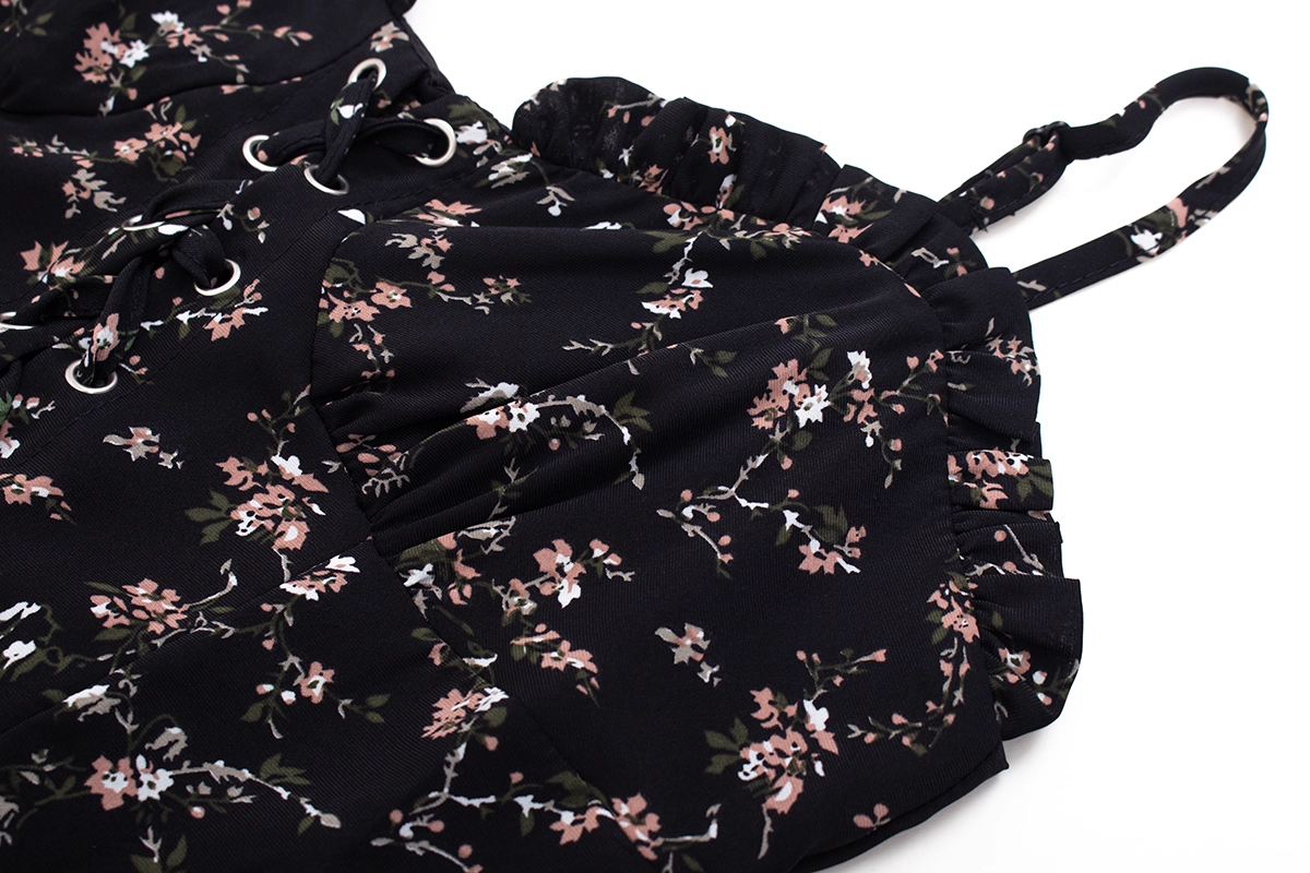 Black Irregular Floral Suspender Dress Hot Girl Short Dress YM2309