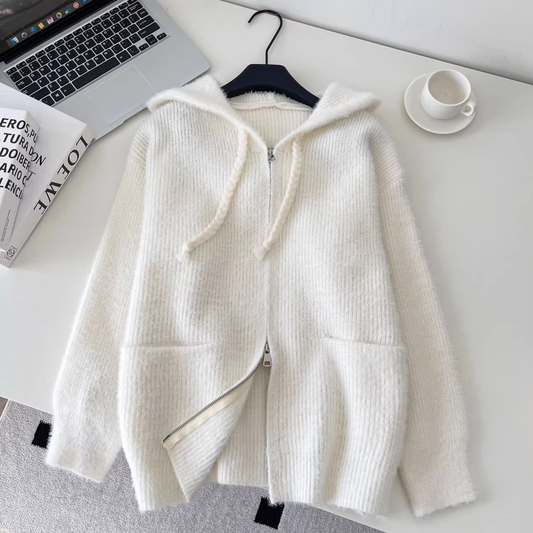 Sweet And Versatile Knitted Cardigan With Loose Hood And Zip-up Pockets YM2425