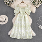 Retro square neck puff short-sleeved hollow embroidered A-line dress YM829