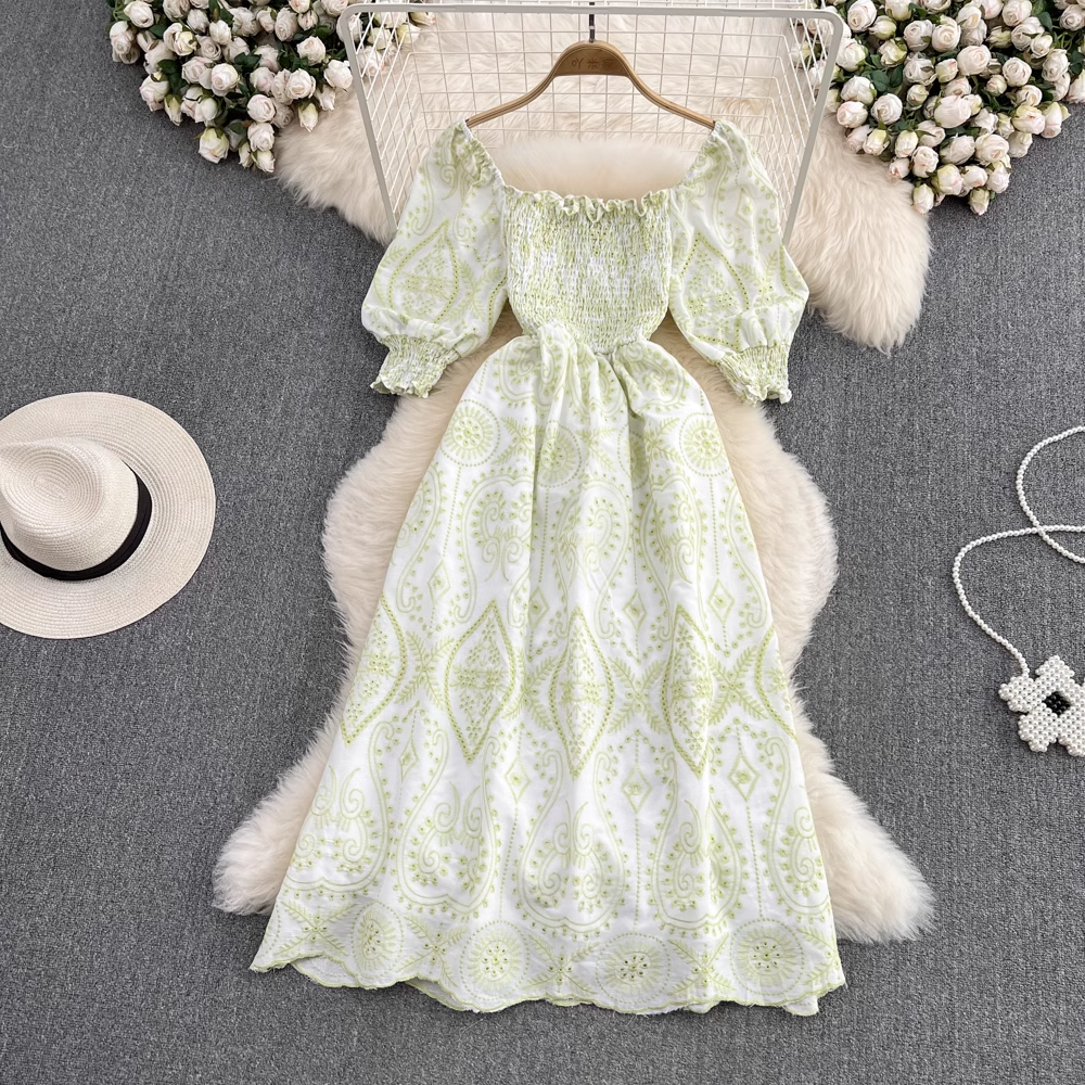 Retro square neck puff short-sleeved hollow embroidered A-line dress YM829