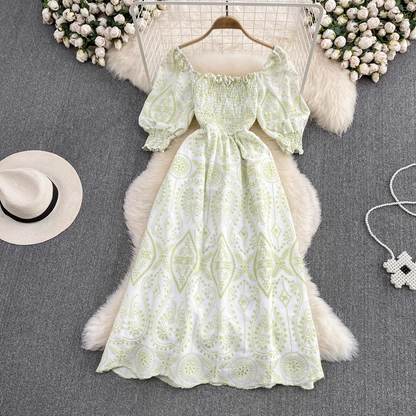 Retro square neck puff short-sleeved hollow embroidered A-line dress YM829