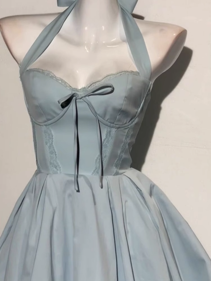 Blue Halter Neck A Line Short Birthday Dress Homecoming Dress YM2070