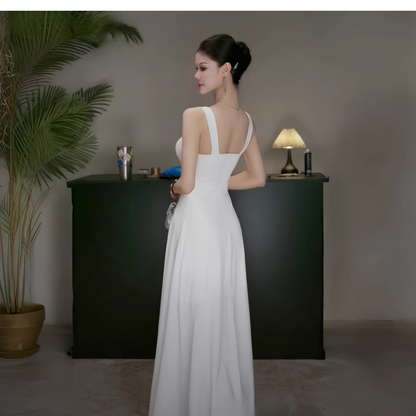 Classy Spaghetti Straps White Sweetheart Neck A Line Long Birthday Outfits Holiday Dress YM2245