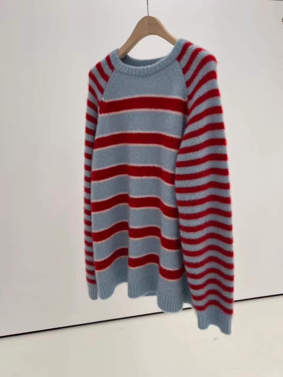 Contrast Color Knit Women's Striped Raglan Pullover Sweater YM1843