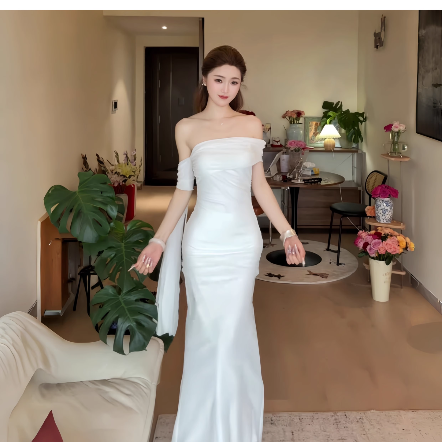 Elegant Off The Shoulder White Long Birthday Dress Vacation Dress YM2209