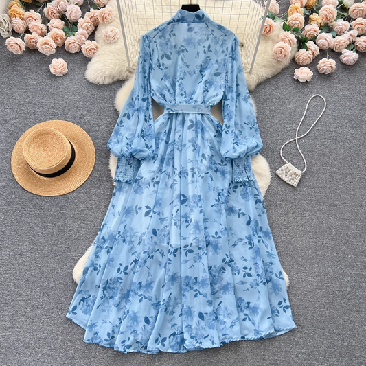 Floral dress with chiffon puffed sleeves YM623
