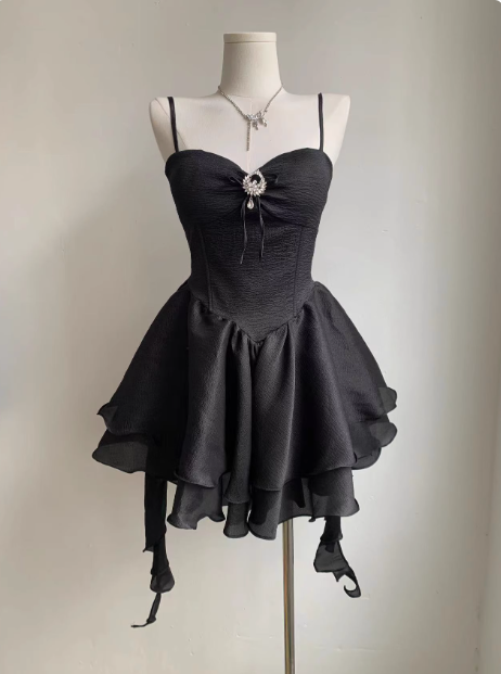 Black Strapless Straps Puffy Short Dress Birthday Princess Dress YM2127