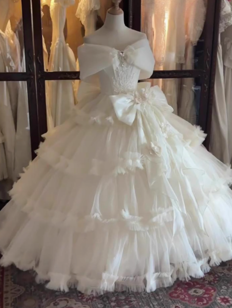 Classy Off The Shoulder White Ballet Lolita Skirt Birthday Party Princess Dress YM2158