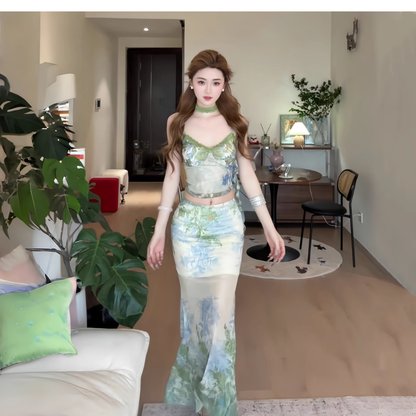 New Green Spaghetti Straps Mermaid Vacation Dress Long Party Dress Two Piece YM2241