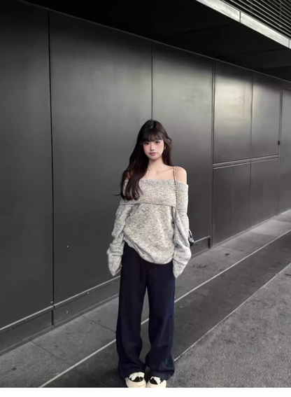 Gray Off-shoulder Pullover Sweater YM2398