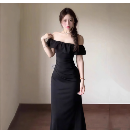 Elegant Off The Shoulder Black Mermaid Long Birthday Dress Vacation Dress YM2244