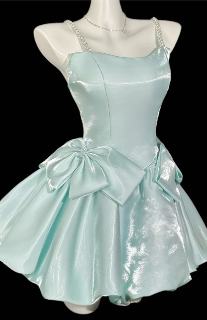 Pretty Mint Green Spaghetti Strap Satin Beaded A Line Short Birthday Dress Cocktail Dress YM2465