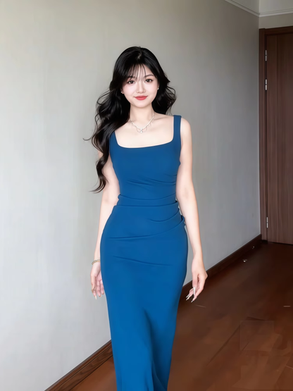 Pretty Square Blue Sheath Long Holiday Dress Vacation Dress YM2148